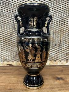 ギリシア製 花瓶 高さ約26.8cm 飾壺 フラワーベース 花入 インテリア ディスプレイ 陶器 24k 金彩
