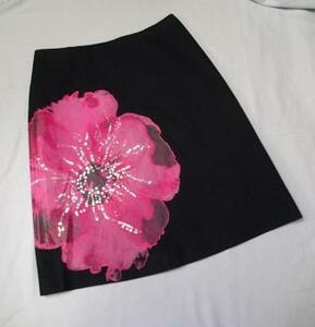 ◇DANA BUCHMANディナバックマン／綿100% スパンコール飾り付き花柄 台形スカート 上品丈 ブラック／大きいサイズ10