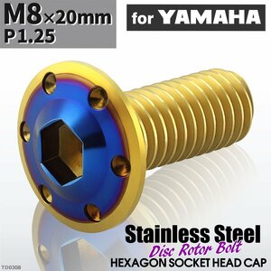 M8×20mm P1.25 ローターボルト ステンレス ホールヘッドH-1タイプ 六角穴付き ヤマハ車用 ゴールドカラー＆ブルー 1個 TD0308