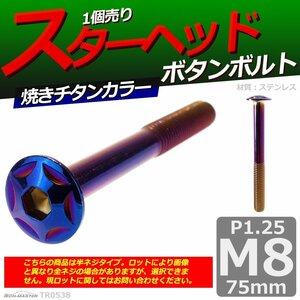 M8×75mm P1.25 ボタンボルト スターヘッド ステンレス 車/バイク/自転車 ドレスアップ パーツ 焼きチタンカラー 1個 TR0538