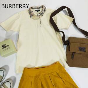  Burberry polo-shirt size M ivory short sleeves one Point embroidery Logo check collar pattern simple half button simple 3370