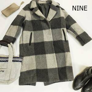 NINEna in Chesterfield coat size 0 XS gray black big check made in Japan long height simple pocket lovely warm 3281