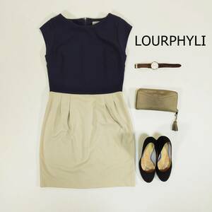 LOURPHYLI ロアフィリー ワンピース サイズ2 M ネイビー オフホワイト 紺 白 ひざ丈 日本製 フレンチスリーブ ツートン レナウン 3269
