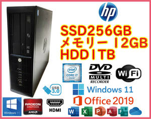 スリムPC★超高速 i7/新品SSD256GB+大容量HDD1TB/メモリ12GB/AMDグラボ/Wi-Fi/Win11/Office2019/HDMI/USB3.0/領収証可★HP 8300 Elite SFF