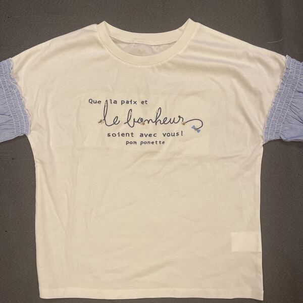 ポンポネット新作ストライプフレアスリーブ半袖Tシャツ★150cmオフホワイト新品訳あり激安!送料無料