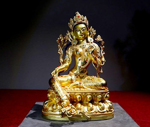 064 仏教美術 チベット密教 清代 宝石象嵌 緑度母仏像 仏像 仏教古美術