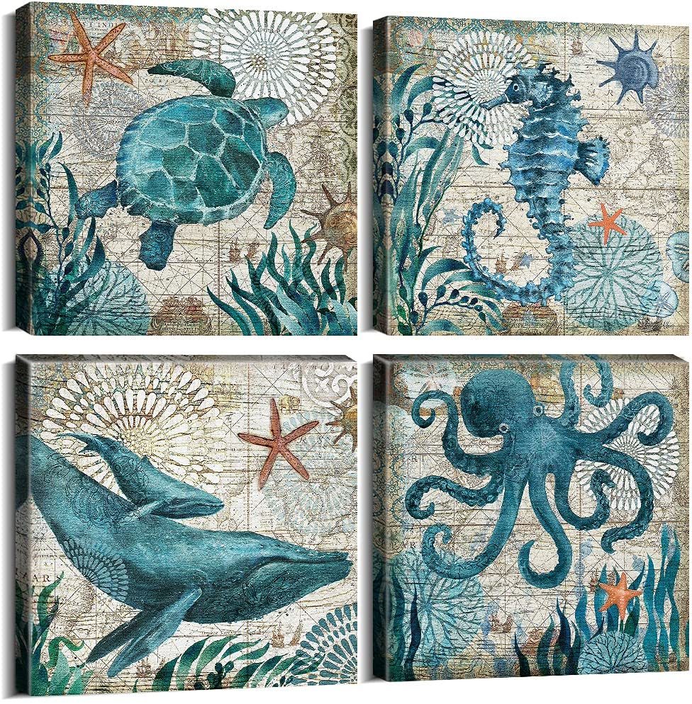 Set of 4 Whale, Turtle, Octopus, Seahorse New Wall Hanging Canvas Painting Modern Art Picture Canvas Painting 30x30cm Art Panel Interior, artwork, painting, others