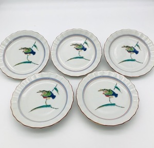 （R4-0088）九谷焼　泰山窯　染付　銘々皿　５枚セット　色絵　アンティーク　鳥　小皿