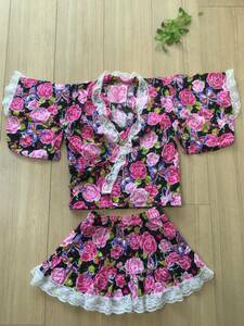 100 浴衣ドレス 甚平 女の子 (レース ラメ ブラック 黒 ピンク 薔薇 花 蝶々 スカート 90 95