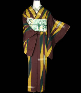 . woman shop j107 yellow * green. stripe arrow feather silk crepe gold silver through . antique kimono Taisho ..