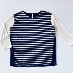 【訳あり】 ELLE エル ボーダー Tシャツ 7分袖 紺×オフホワイト 女性38(M相当) 中古ツレ・ピリング有 ボーダーカットソー ジュニアにもOK