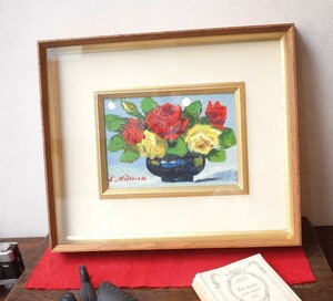 Art hand Auction ○かわいい薔薇の花瓶の絵 優れた作品 油彩画 木製額 額装 43x35.5cm F1号 モダン 古道具のgplus広島 2103i, 絵画, 油彩, 静物画