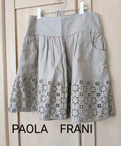 PAOLA FRANI lady's 42 Paola Frani flower punching linen Flare miniskirt beige M corresponding Italy made regular goods 