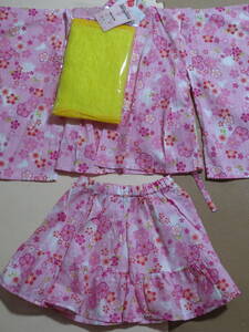 新品 110 ゆかたドレス 帯付き 3点セット ピンク さくら柄 うさぎ柄 子供 女の子 セパレート浴衣 スカート 甚平ドレス 浴衣ドレス 100cm～