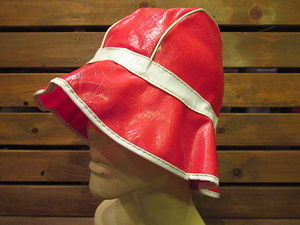 ビンテージ70's●レディースツートーンビニールハット赤×白sizeM●odst 1970s帽子レトロレイン