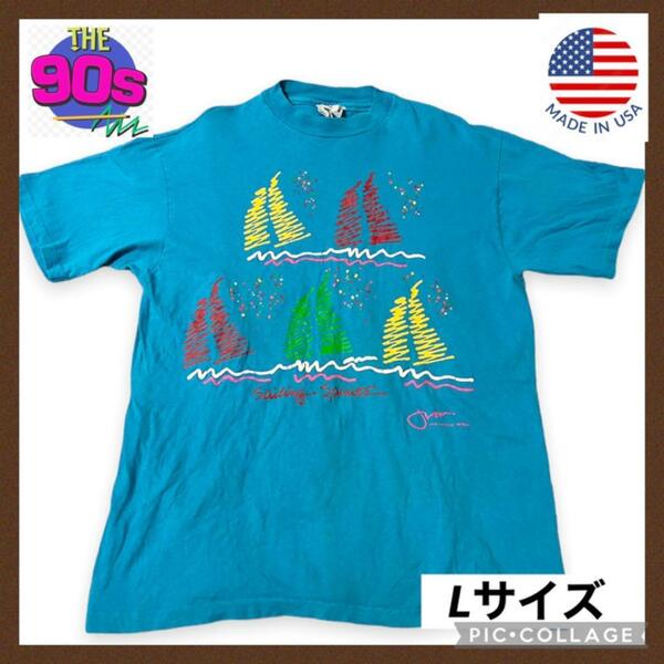 90s アート柄 半袖Tシャツ L 半袖シャツ メンズ 古着 アメリカ製 半袖 ヴィンテージTシャツ シングルステッチ ボックスシルエット USA 青