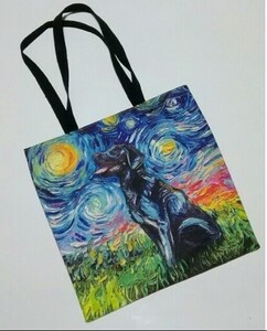 新品★40x40cm黒ラブラドールレトリバー★ゴッホ風トートバッグ★エコバッグ星月夜