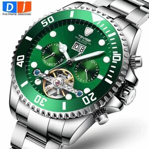 メンズ高級腕時計 機械式自動巻 トゥールビヨン カレンダー 曜日表示 夜光 防水 紳士ウォッチ 6色選択 グリーン ZCL1037