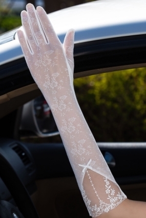 レディース UVカット日焼止め　花刺繍、リボン飾り手袋（F0７D)白