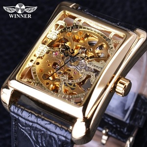 T-WINNER高級メンズ腕時計 手巻き式機械式スケルトンレクタングル文字盤レトロクラシックヨーロッパ人気カラー：ゴールドh-589