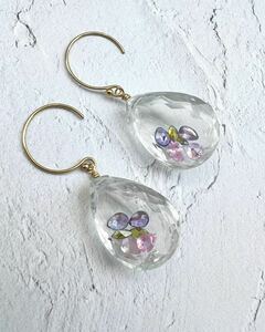 Art hand Auction Multi-color zircon x crystal earrings k14gf, Handmade, Accessories (for women), Earrings, Earrings
