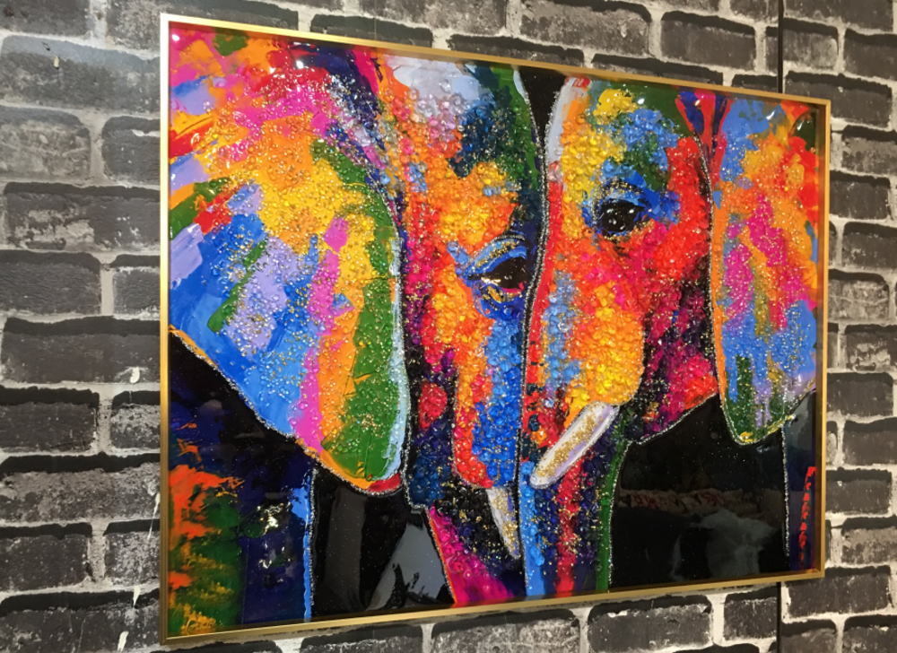 Festpreis / Unbenutzt / Outlet / Kostenloser Versand / Neu / Geschenk / Gerahmt / Kunsttafel / Verleiht Ihrem Raum Stil / Einweihungsgeschenk / Bild / Elefant / Paar, Kunstwerk, Malerei, Acryl, Gouache