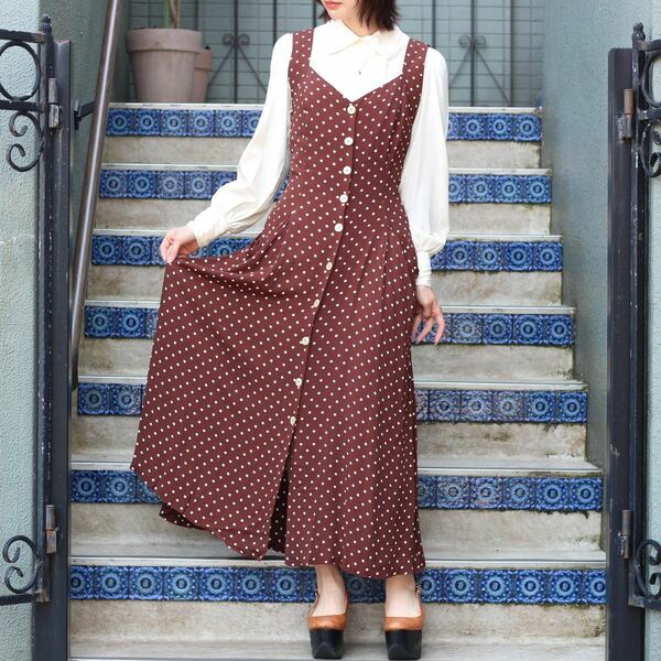 USA VINTAGE LAUNDRY DOT PATTERNED FRONT BUTTON DESIGN NO SLEEVE ONE PIECE/アメリカ古着ドット柄フロントボタンノースリーブワンピース