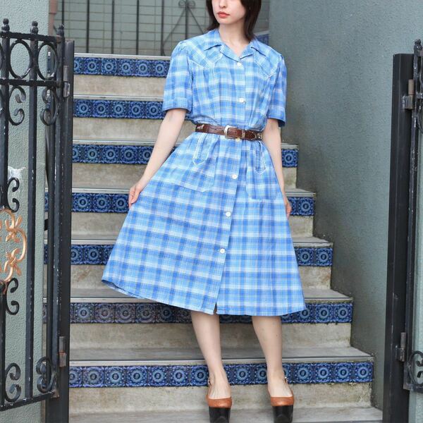 FRENCH VINTAGE CHECK PATTERNED DESIGN ONE PIECE/フランス古着チェック柄デザインワンピース