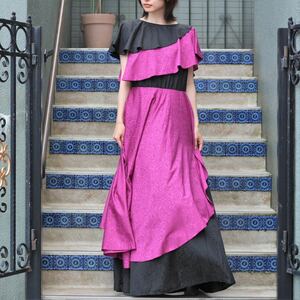 GERMANY VINTAGE BICOLOR DRAPE DESIGN LONG DRESS ONE PIECE/ドイツ古着バイカラードレープデザインロングドレスワンピース