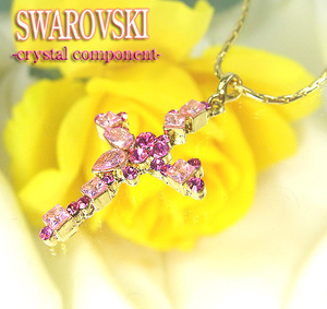 SWAROVSKI クリスタル GD クロス ネックレス ローズ