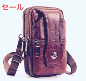 本革ボディバッグ ワインレッドメンズ ショルダーバッグ 牛革 斜め掛けバッグ ベルトに通せる 大容量 ポケット多め ウェストポーチ