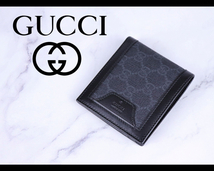 【未使用 美品】 GUCCI グッチ GGキャンバス 二つ折り 財布 箱付き ブラックカラー GG柄 ウォレット 財布 カード入れ 札入れ 015FSWY44_画像1