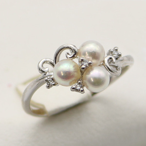 真珠 パール 指輪 リング あこや真珠 デザイン 4mm-4.5mm 3PCS ベビーパール ホワイトピンクカラー K18WG アコヤ本真珠 ダイヤ 15535