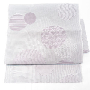 名古屋帯 夏帯 絽 白×薄紫 ドット柄 水玉 普段使い 着付け練習 長さ374.5cm 美品