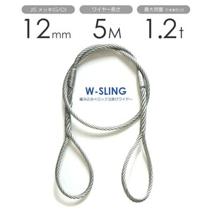 ダブルスリング Φ12mmｘ5m ヒゲなし 玉掛けワイヤーロープ メッキ 1本