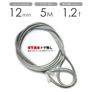 STAS トゲなしワイヤー 編み込み 12mmx5m 玉掛けワイヤー メッキ 1本