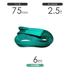 国産ポリエステルスリング AYスリング 両端アイ形（E型）幅75mm×6m 使用荷重:2.5t 緑色 ベルトスリング