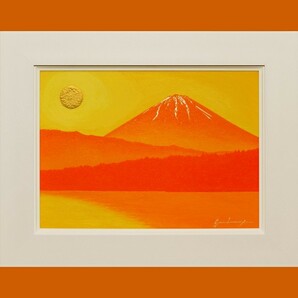 値下げ交渉●『西湖から陽色に染まる朝日の富士山』がんどうあつし油絵原画F4額付山吹 富士山 富士 風景画