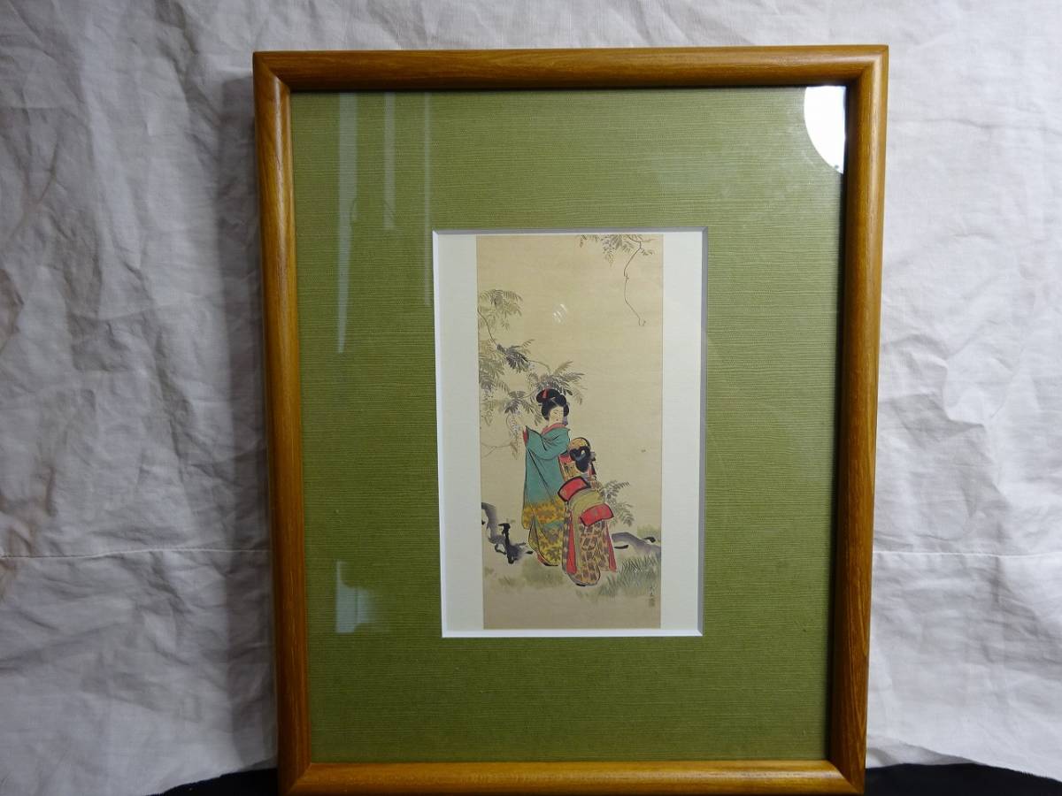 現状品 日本画 着物女性画 ヘンリー パイク ブイ 平野 額装 ポストカード, 絵画, 日本画, その他