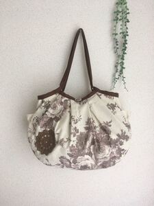 綿麻アンティークローズセピア&ドイリー*グラニーバッグ*ハンドメイド*