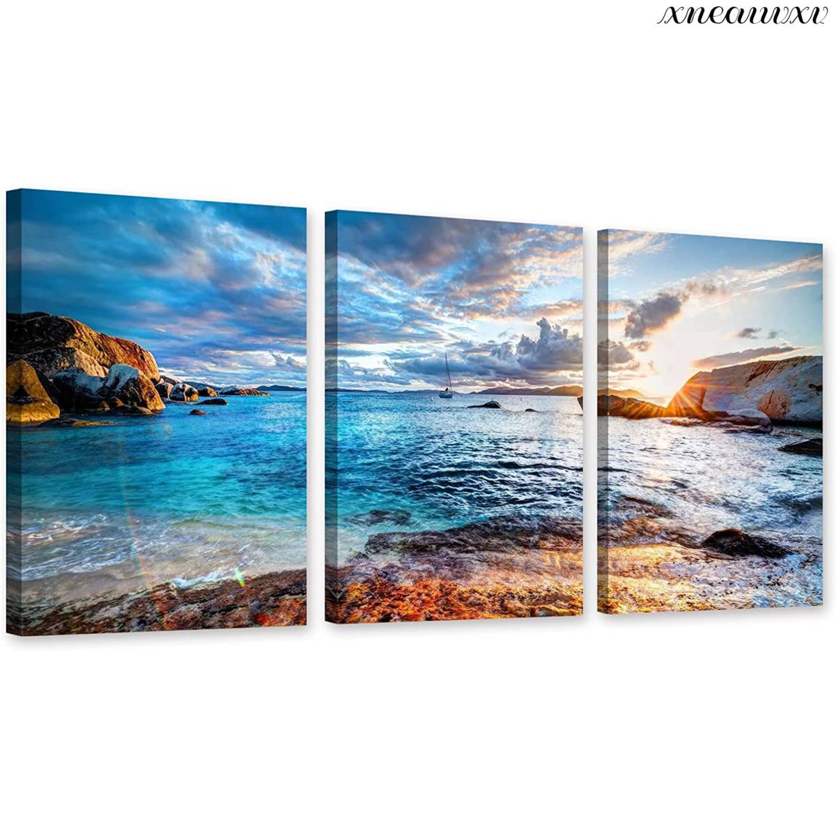 Stylish 3-panel art panel of blue sea interior wall hanging room decoration decorative painting canvas painting fashionable art appreciation art, Artwork, Painting, others