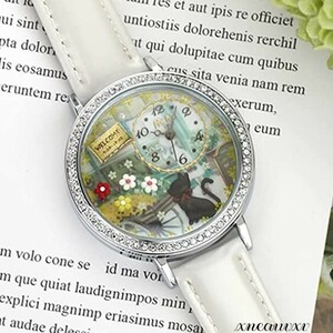 お洒落な 可愛い 腕時計 猫 ホワイト 本革ベルト 日本製 クオーツ レザー レディース アンティーク カジュアル ねこ 女性 プレゼント