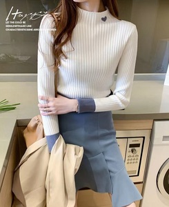  knitted tops rib knitted spring autumn long sleeve plain light weight lady's ko-tine-to color white 