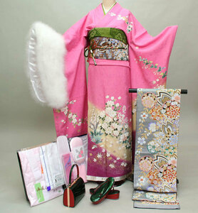  long-sleeved kimono kimono full set silk classic pattern 7 days rental small articles till all ..20 point complete set ( stock ) cheap rice field shop [ rental ] R86