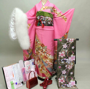  long-sleeved kimono kimono full set silk classic pattern 7 days rental small articles till all ..20 point complete set coming-of-age ceremony wedding betrothal present .( stock ) cheap rice field shop [ rental ] R93