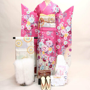  long-sleeved kimono kimono full set silk 100 flower .. small articles till 20 point complete set all ..7 days rental ( stock ) cheap rice field shop [ rental ] R91