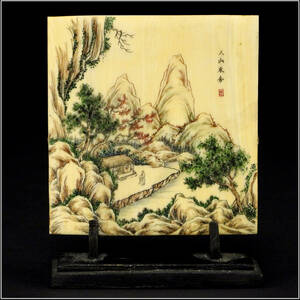 【騰立】中国美術.細工彫刻.人山水合 風景図 置物■109029