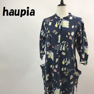 【人気】haupia ワンピース 五分袖 シャツワンピース 総柄 ネイビー系 サイズ38 レディース/S3522