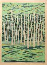 藤田不美夫 1977年木版画「緑林 B」画寸 38cm×52cm 愛知県出身 爽やかな緑と白樺とのコントラストが美しい代表的なシリーズ 5689_画像2