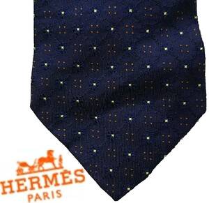 送料460円～(即決は送料無料) HERMES ドット柄ネクタイ ネイビー シルク100% フランス製 メンズ 紺 MADE IN FRANCE 絹 エルメス